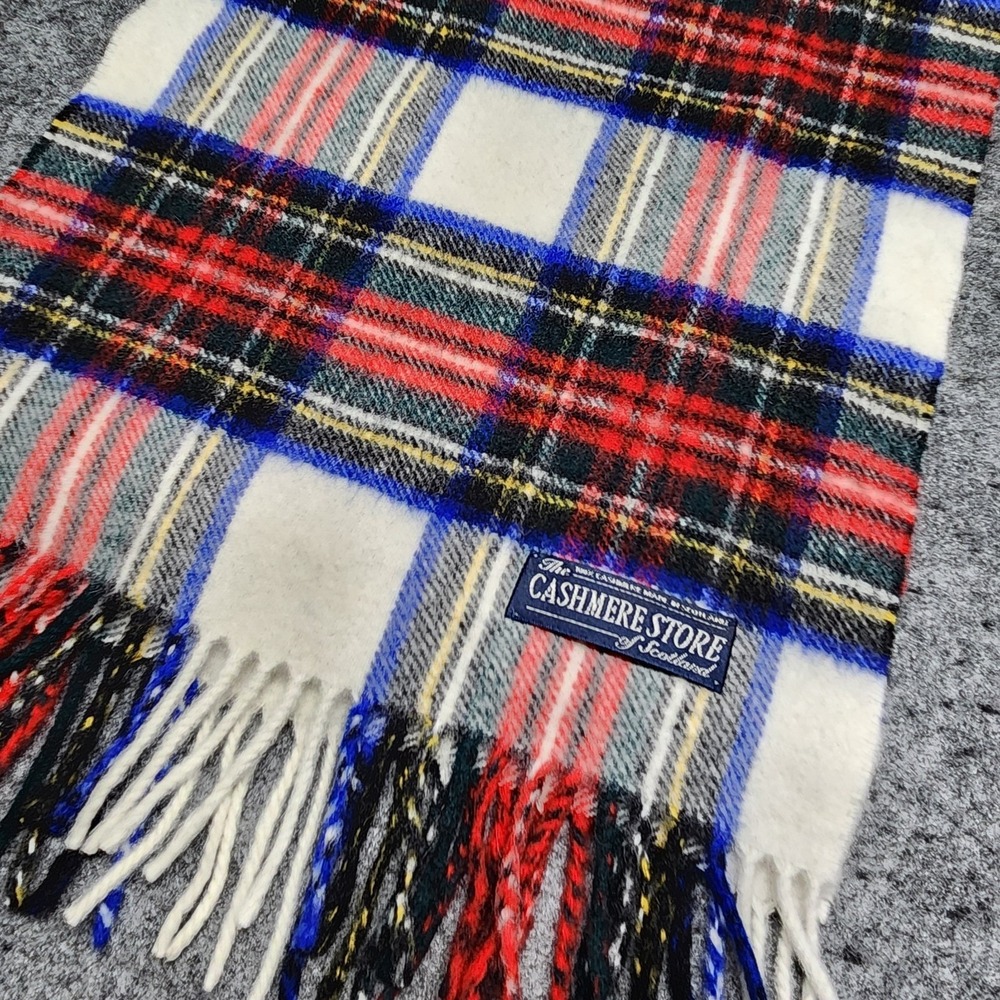 The Cashmere Store of Scotland Fringe Plaid Scarf Scottish Ivory Navy Red Green